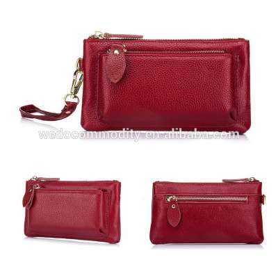 Genuine leather bag two zippers pockets clutch coins purse wallet