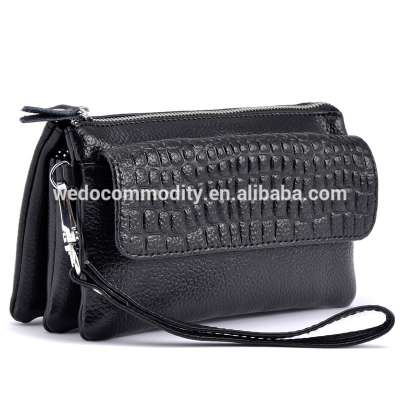 Multi function three zipper pockets real leather clutch